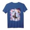 Laser Muster Raum-Katze auf Lama-Dinosaurier Regenbogen T-Shirt – Buntes Tiermotiv für Tier- und Dinosaurien-Fans